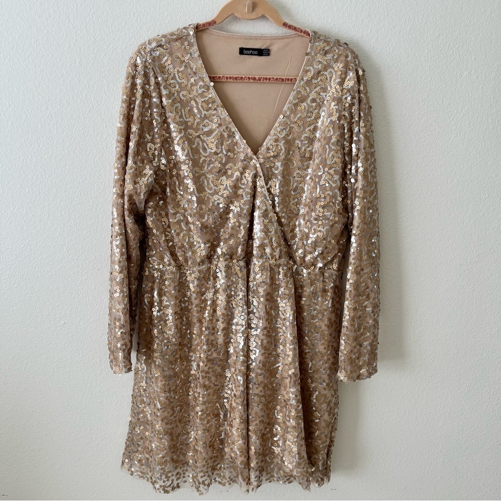 BooHoo Sequin Dress 16 Long Sleeves Gathered Waist V-neck Party Champagne